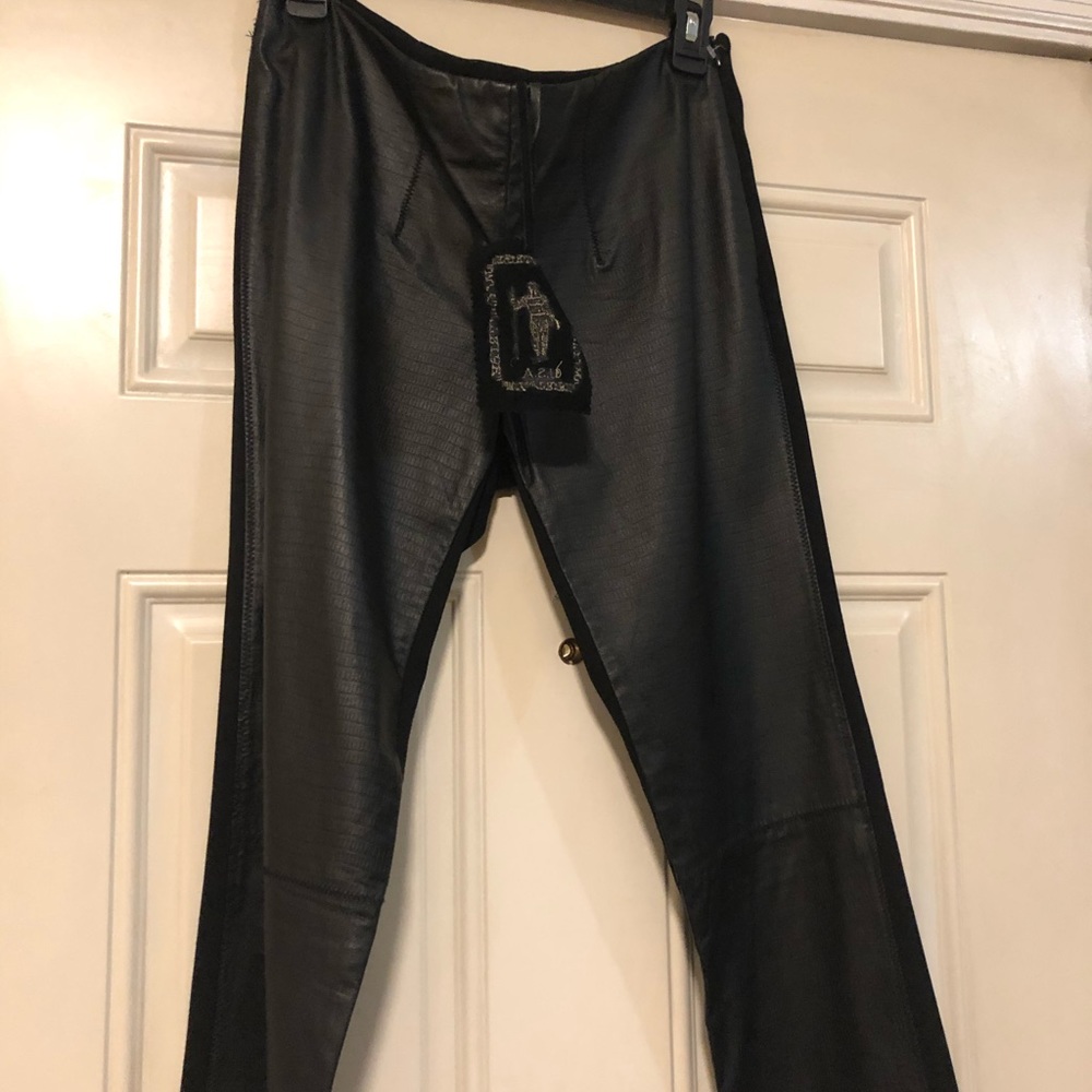 Ladies black leather pant rayon in the back